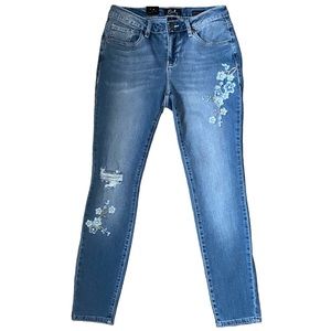 Earl Jeans Floral Embroidered Slightly Distressed Skinny Ankle Jeans